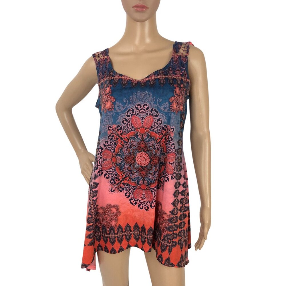 CB Multicolor Paisley Print Boho Tunic Tank Top Size‎ M Floral Lace Long Shirt